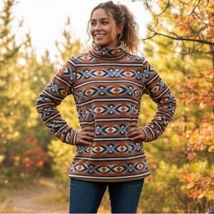 Mountains + Isles Fair Isle Fleece Turtleneck Sweater Apres Ski Boho Aztec